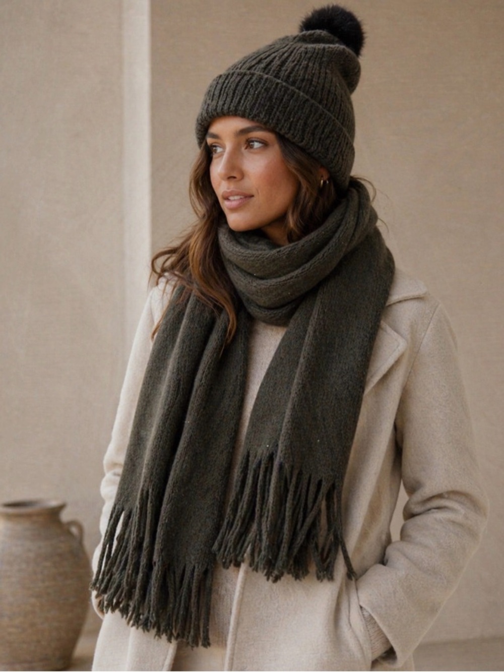 Steve Madden Olive Knit Beanie and scarf set